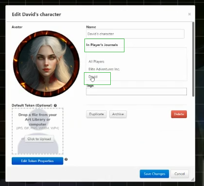 Assign token to your character in Roll20