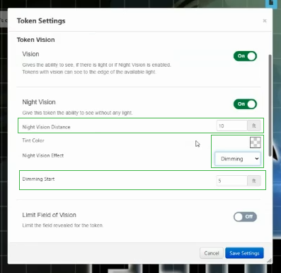 How to put dim light on tokens in roll20