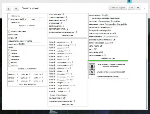 Charactermancer settings in Roll20