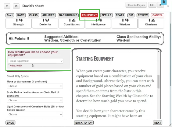 Class Equipment option in Roll20 charactermancer