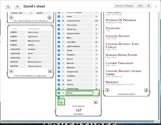adding inventory items on your character sheet in roll20